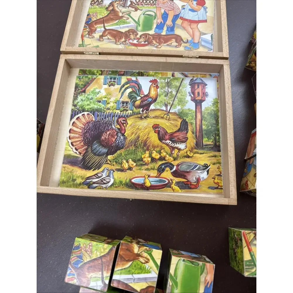Vintage Bilderbaukasten Holzwurfel German Picture Cubes Wood Puzzle Blocks